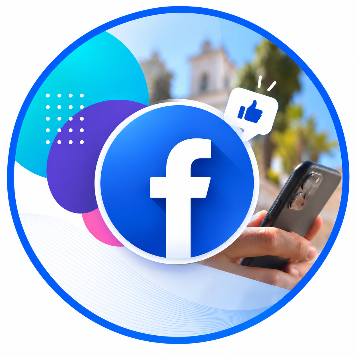 Insignia circular de Facebook con smartphone